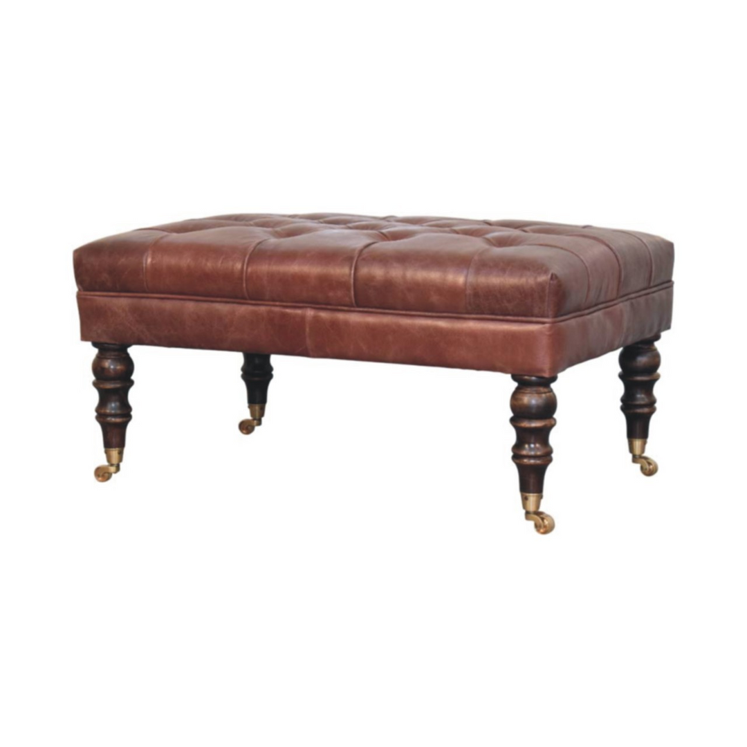 Buffalo Brown Leather Ottoman with Castor Legs Facing Right