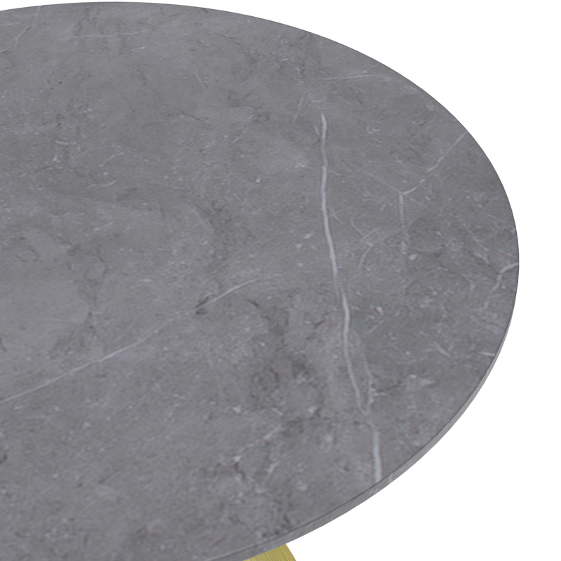 LeisureMod Verve Collection 36 Round Dining Table, Brushed Gold Base with Sintered Stone Grey Top View.
