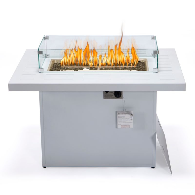 LeisureMod Chelsea Patio Modern Aluminum Propane Fire Pit Table White Closeup Fire.