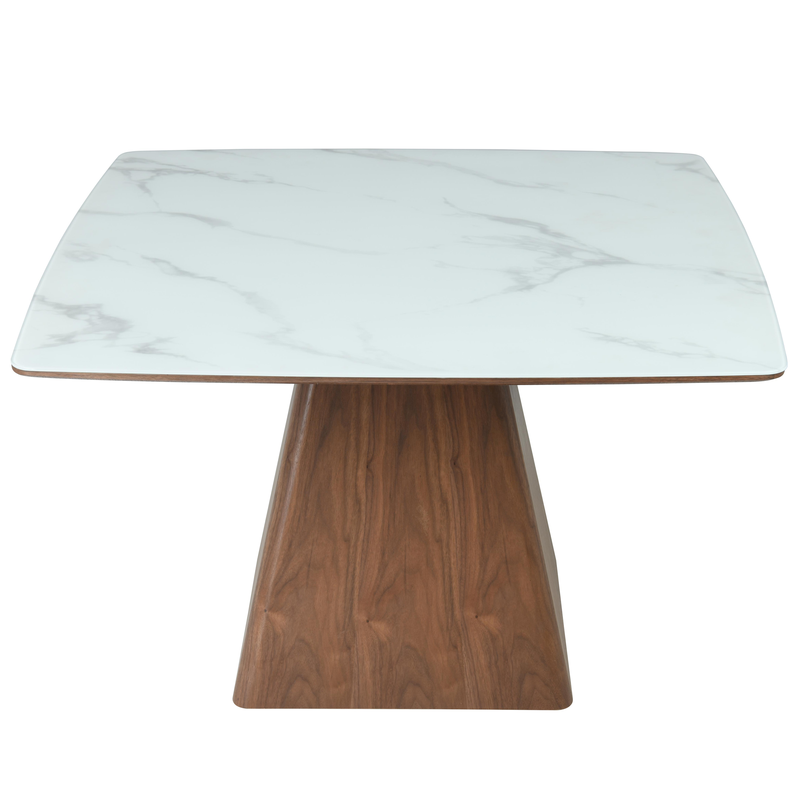 LeisureMod Zephry Collection Modern Dining Wooden Square Dining Table Walnut with Marbled Top Front View.