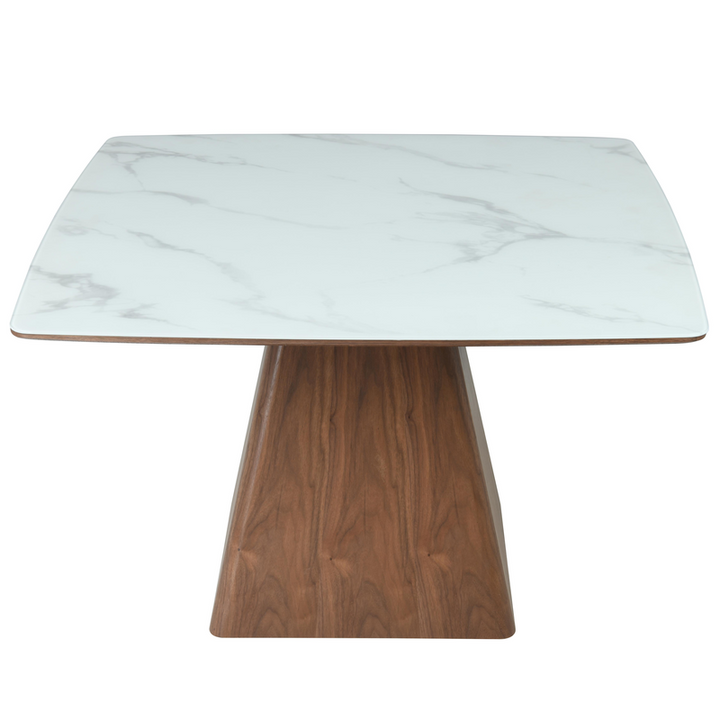 LeisureMod Zephry Collection Modern Dining Wooden Square Dining Table Walnut with Marbled Top Front View.