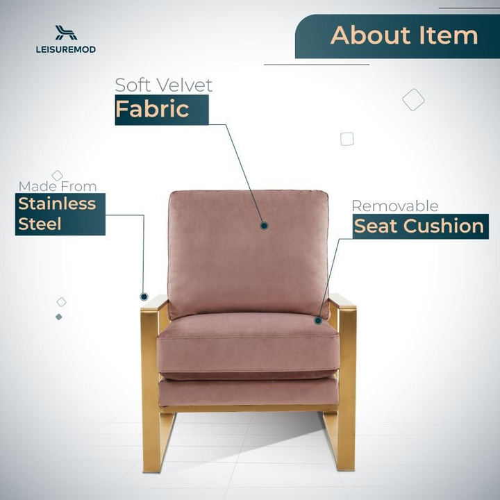 LeisureMod Jefferson Velvet Design Accent Armchair with Gold Brass Finish Frame Pink Description
