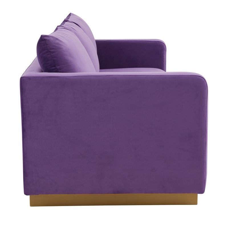LeisureMod Nervo Modern Mid-Century Upholstered Velvet Sofa with Gold Frame Purple Side View.