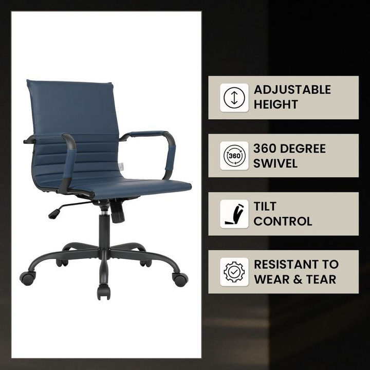 Blue office chair with features listed on a white background.