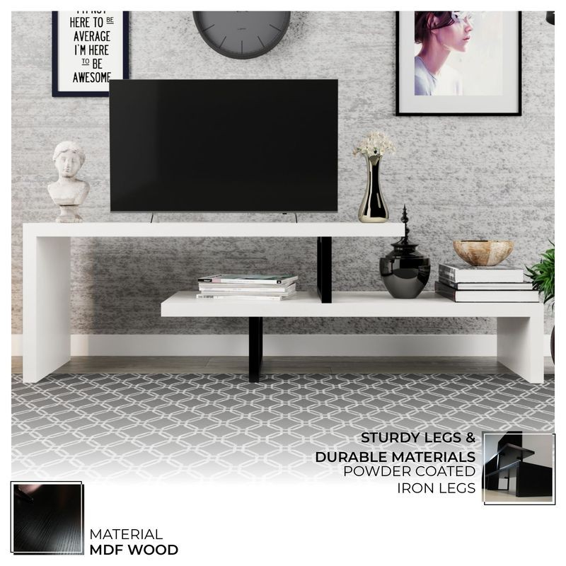 LeisureMod Orford Mid-Century Modern TV Stand with MDF Shelves and Powder Coated Iron Legs in White Details.