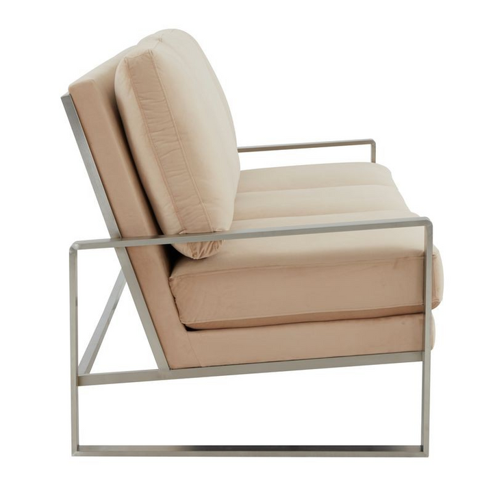 LeisureMod Jefferson Contemporary Modern Design Velvet Sofa with Silver Frame Beige Side View.