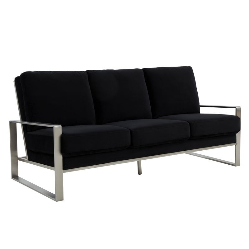 LeisureMod Jefferson Contemporary Modern Design Velvet Sofa with Silver Frame Black