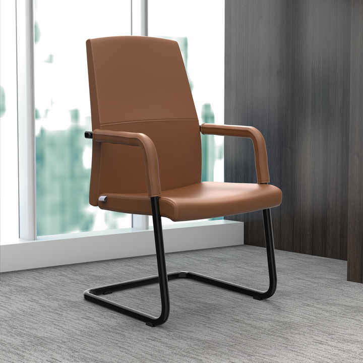 LeisureMod Evander Office Guest Chair in Dark Brown Leather in Office.