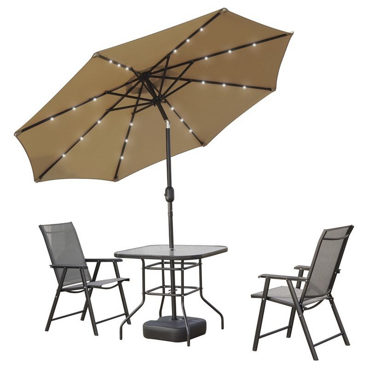 LeisureMod Sierra Outdoor Patio Umbrella with Base in Beige Tilted.