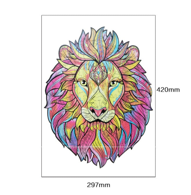 Colorful lion head design with measurements on a white background.
