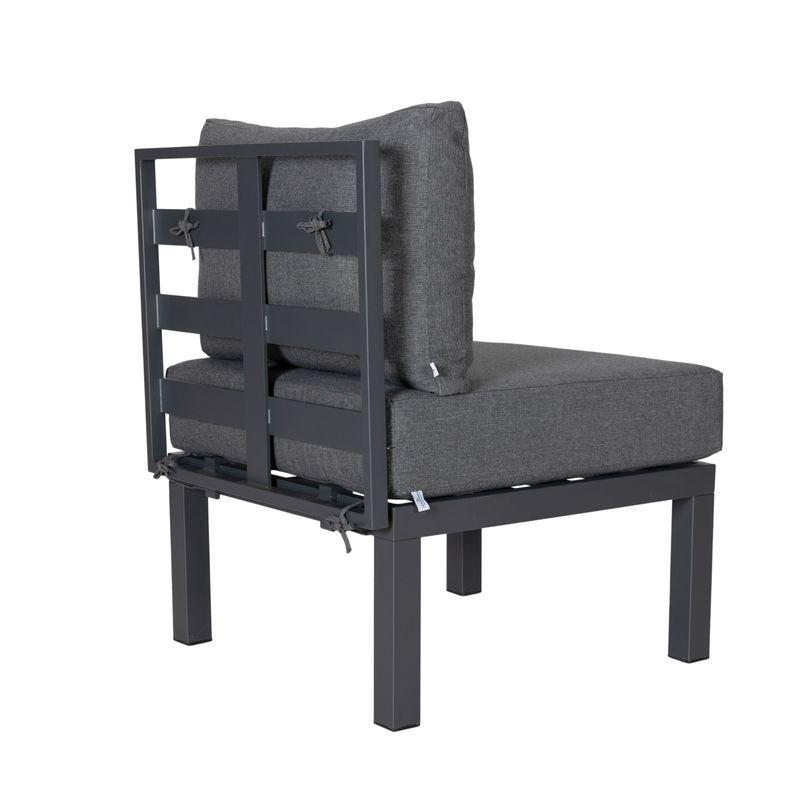 LeisureMod Chelsea 7-Piece Patio Sectional and Coffee Table Set Black Aluminum with Cushions Black Back Chair View.