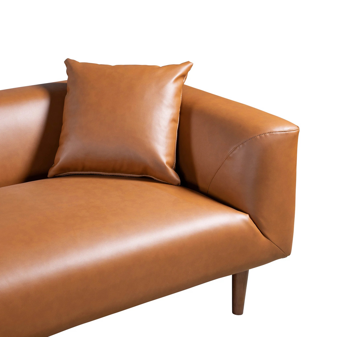 Elwood Cognac Vegan Leather Sofa Closeup.