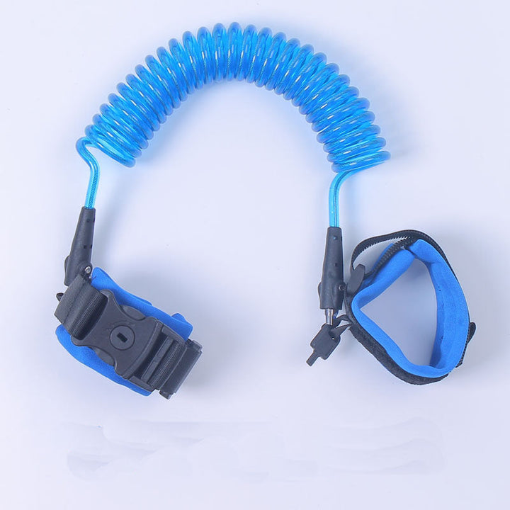 Blue coiled safety leash with black connectors on a white background.