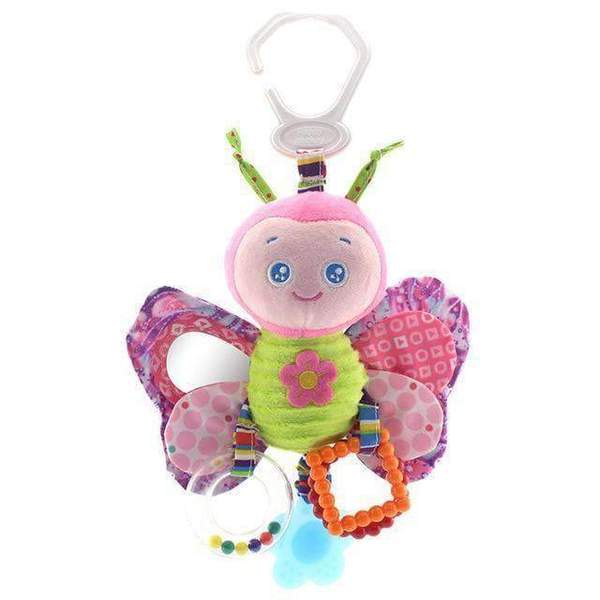 Colorful butterfly-shaped baby toy with a clip on a white background.