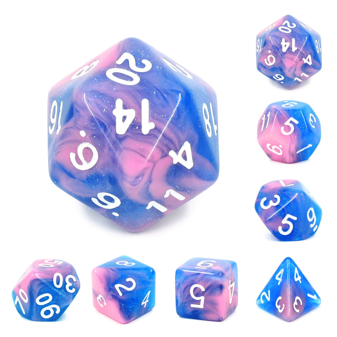 Miami Vice Blue/Pink Glitter/Swirl  7-Dice Set by HendgaDice