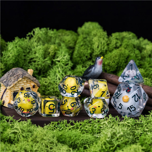 Chicken Family 7-Dice Set w/Green Numbers Dnd Dice Set + 30mm d20