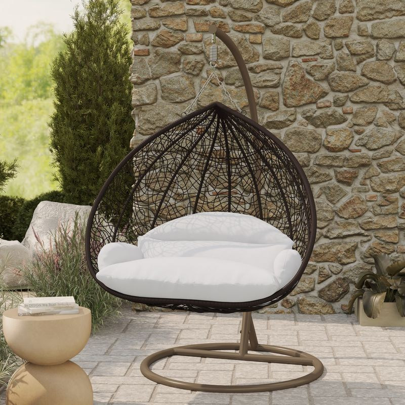 Leisuremod Recluse Collection Modern Outdoor Swing Chair Brown Frame with ES57 White Cushion Photo.