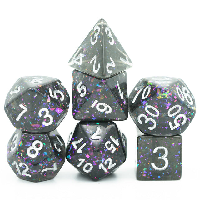 Black Cloud Brocade Powder 7-Dice Dnd Dice | Glitter w/Silver Numbers Set