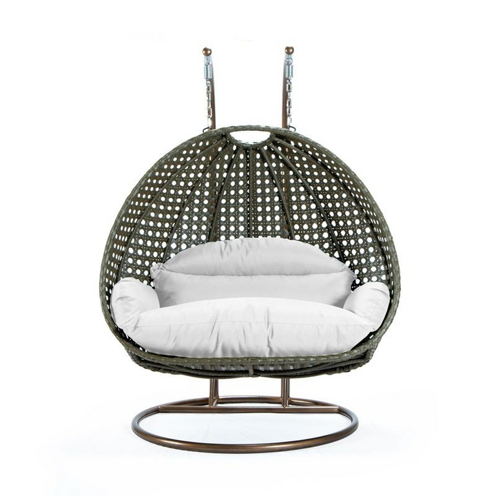 LeisureMod Beige Wicker Hanging 2 person Egg Swing Chair White