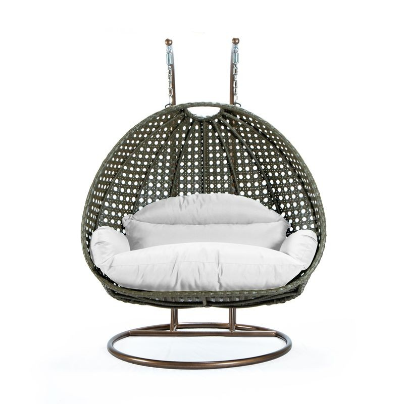 LeisureMod Beige Wicker Hanging 2 person Egg Swing Chair White