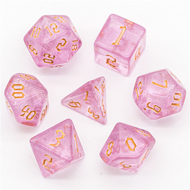 Pink Glitter Party Glitter Dice (Goldfont) 7-Dice Set RPG DND