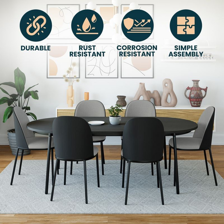 Dining room setup with a black table and chairs, featuring durability, rust resistance, corrosion resistance, and simple assembly icons.