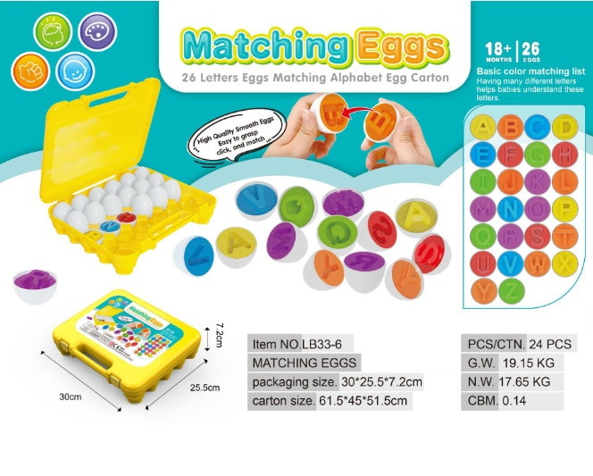 Matching Eggs educational toy set with colorful eggs and a yellow carrying case on a white background.