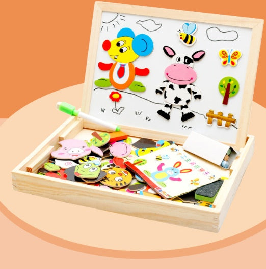 Wooden magnetic puzzle with colorful animals and a marker on a peach background.