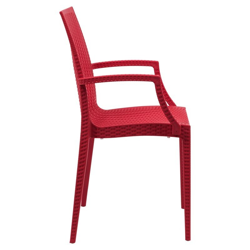 LeisureMod Weave Mace Indoor/Outdoor Chair (With Arms) Red Side View.
