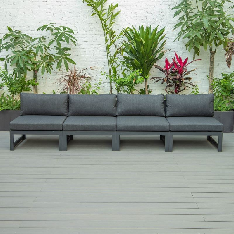 LeisureMod Chelsea 4-Piece Middle Patio Chairs Black Aluminum with Cushions Black Front View.