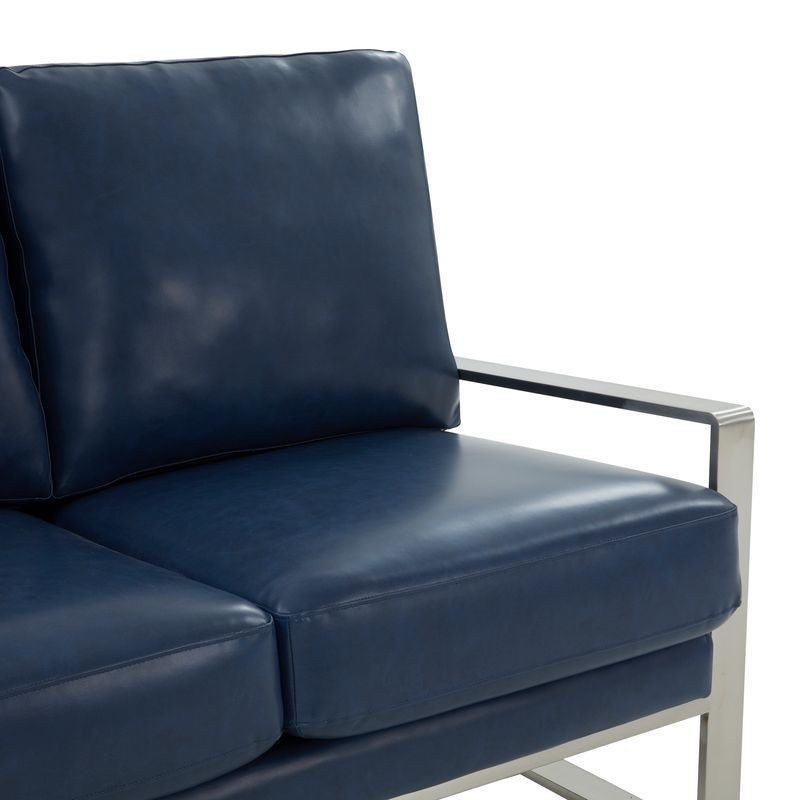 Leisuremod Jefferson Contemporary Modern Faux Leather Loveseat with Silver Frame Navy Blue Closeup.