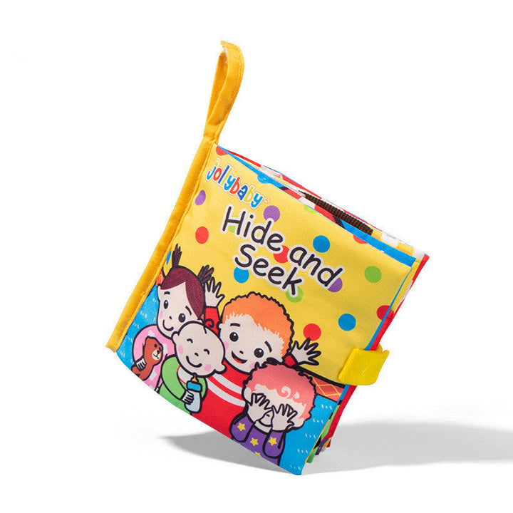 Colorful children's book titled Hide and Seek with cartoon characters on a white background.