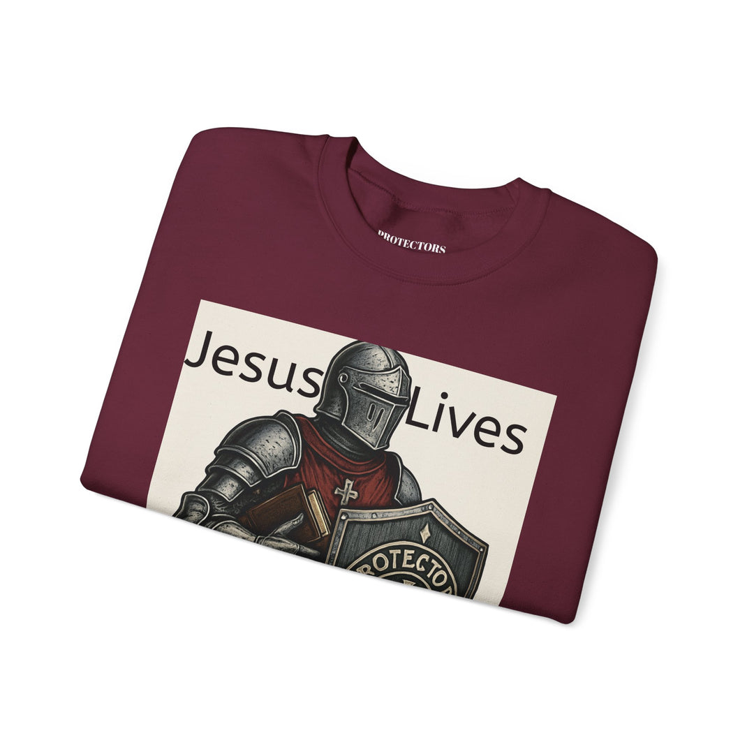 Knight Shield Crewneck Sweatshirt — "Protectors of the Word Jesus Lives"