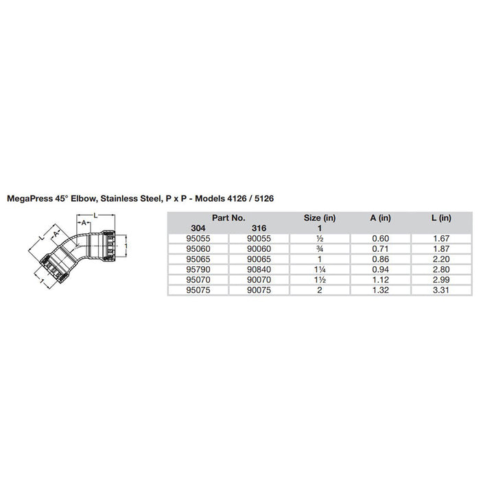 Viega MegaPress 3/4" 45 Stainless Steel 304 Elbow - Double Press Connection - Smart Connect Technology [95060]