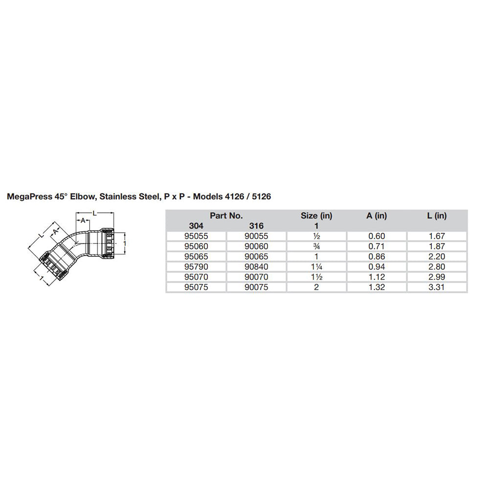 Viega MegaPress 1-1/2" 45 Stainless Steel 304 Elbow - Double Press Connection - Smart Connect Technology [95070]