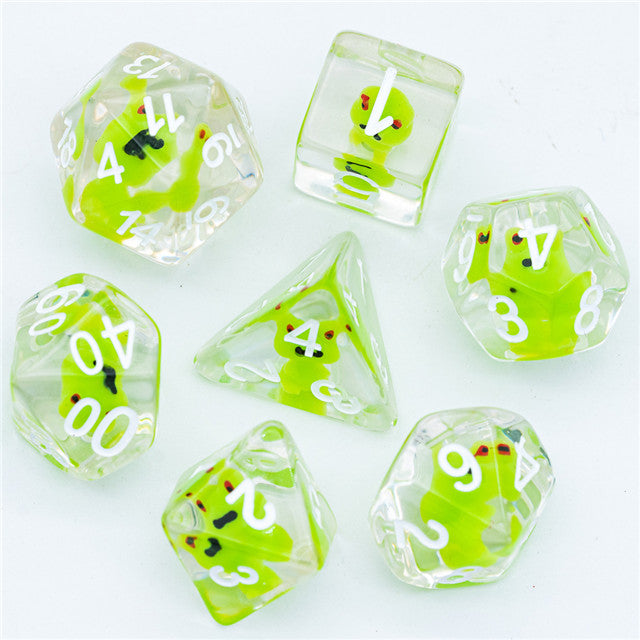 Frog Dice Clear Dice w/ Green Frogs 7-Dice Set Rpg