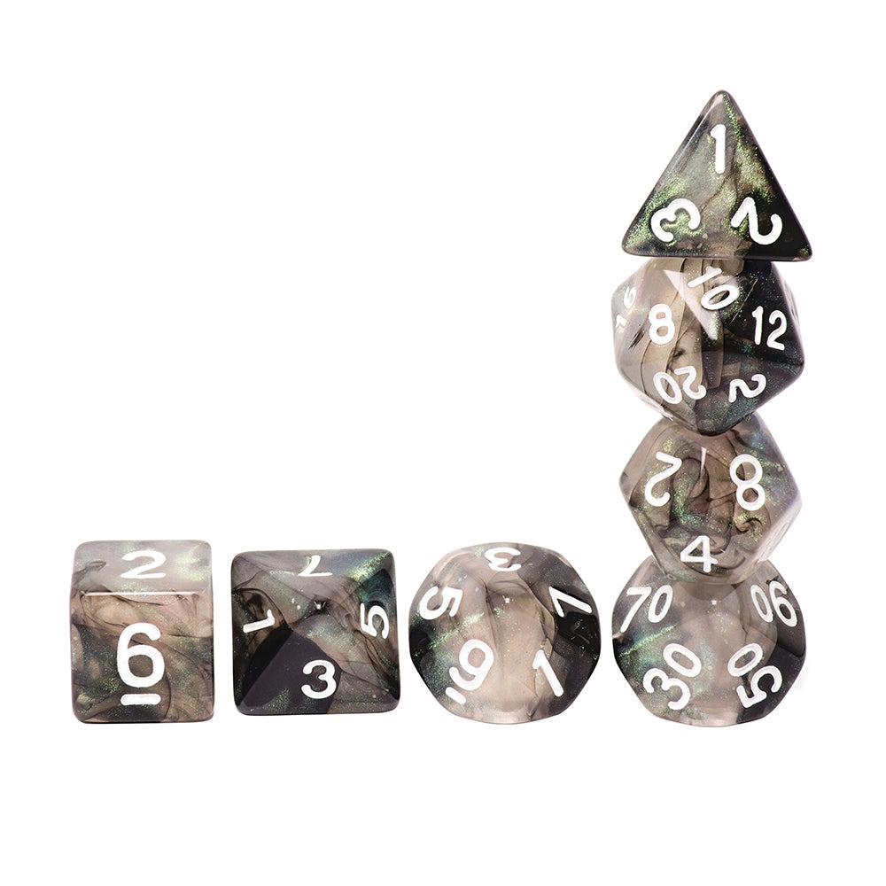 Stellar Explosion 7-Dice Set Black/Silver w/White Numbers Dnd Dice Set (Blacklight reactive)