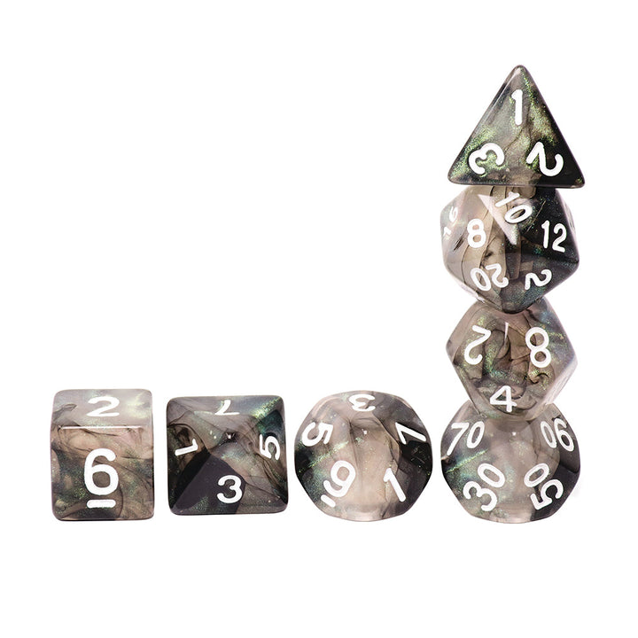Stellar Explosion 7-Dice Set Black/Silver w/White Numbers Dnd Dice Set (Blacklight reactive)