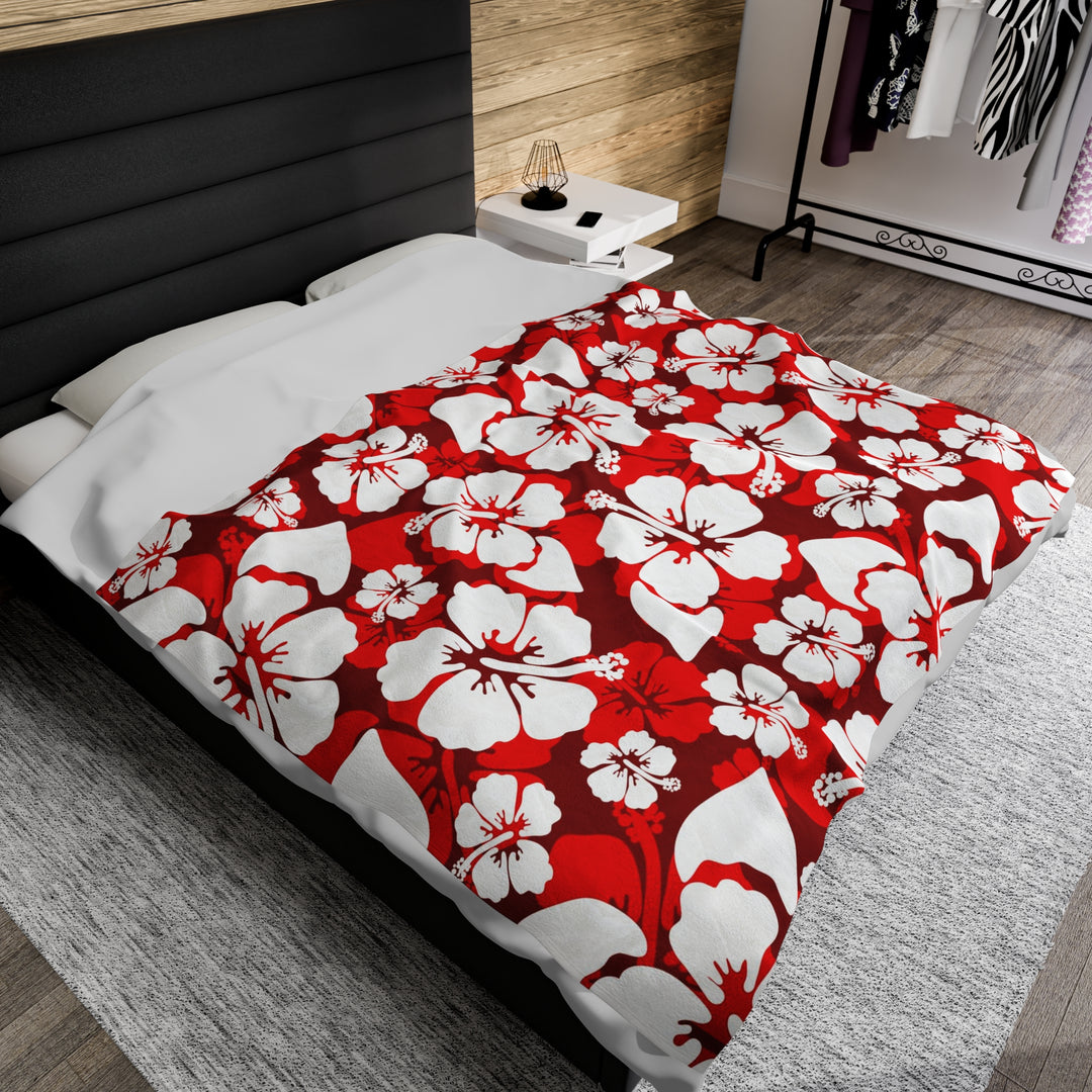 Red and White Hibiscus Velveteen Plush Blanket