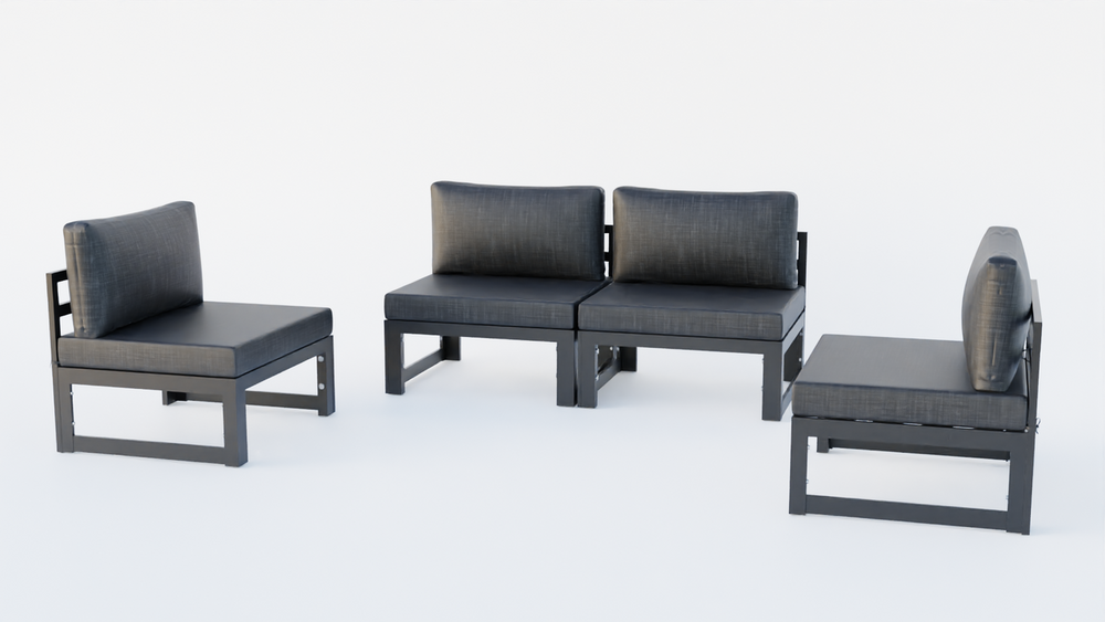 LeisureMod Chelsea 4-Piece Middle Patio Chairs Black Aluminum with Cushions Black Facing Each Other.