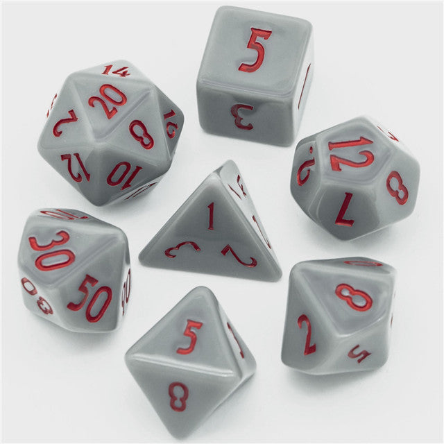 Grey Homage 7-Dice Set w/Red Numbers Minimalist