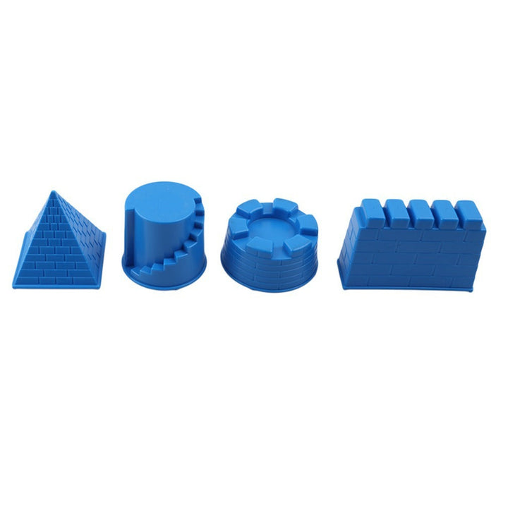 Set of blue plastic molds with different shapes on a white background.