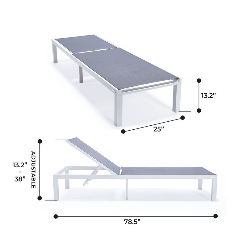 LeisureMod Marlin Patio Chaise Lounge Chair with White Aluminum Frame Dark Grey Dimensions.