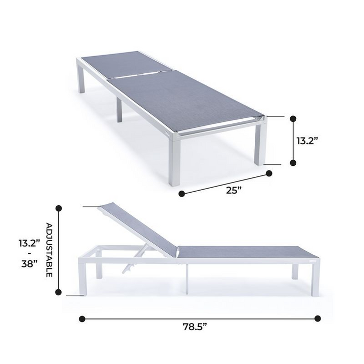 LeisureMod Marlin Patio Chaise Lounge Chair with White Aluminum Frame Dark Grey Dimensions.
