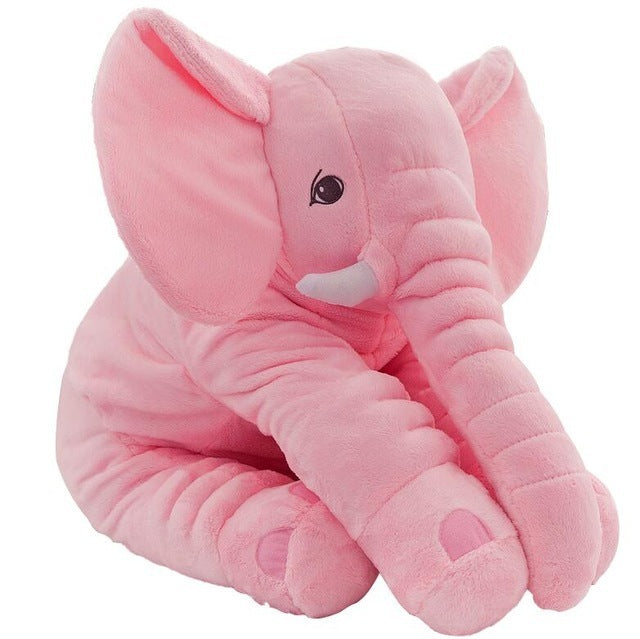 Pink plush elephant toy on a white background.