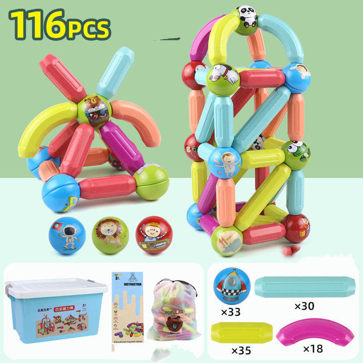 Colorful magnetic building blocks set with packaging on a light green background.