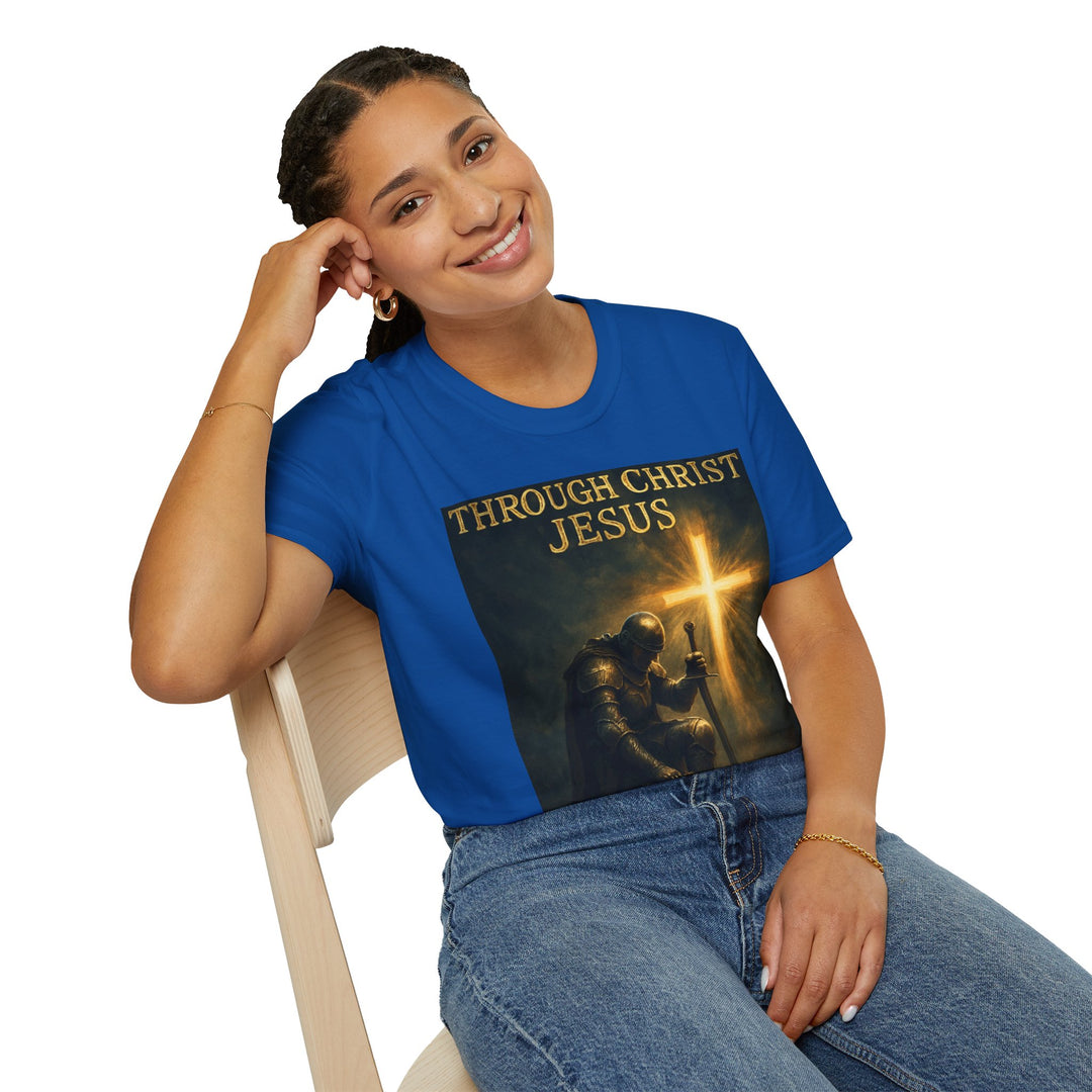 Christian Knight T-Shirt — "Through Christ Jesus" Front and "I Am Saved" Back