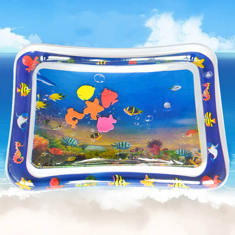 Inflatable pool with colorful fish and underwater scene design on a blue sky background.