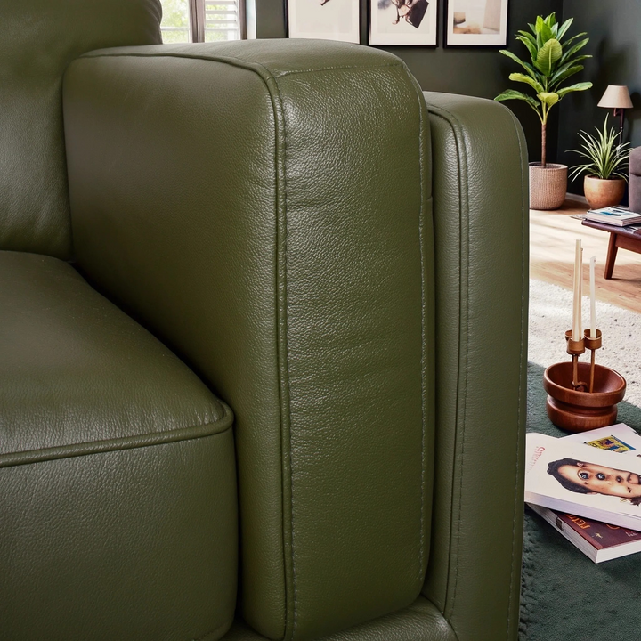 Raleigh Sustainable FSC Wood 3-Seater Top Grain Leather Sofa Closeup.