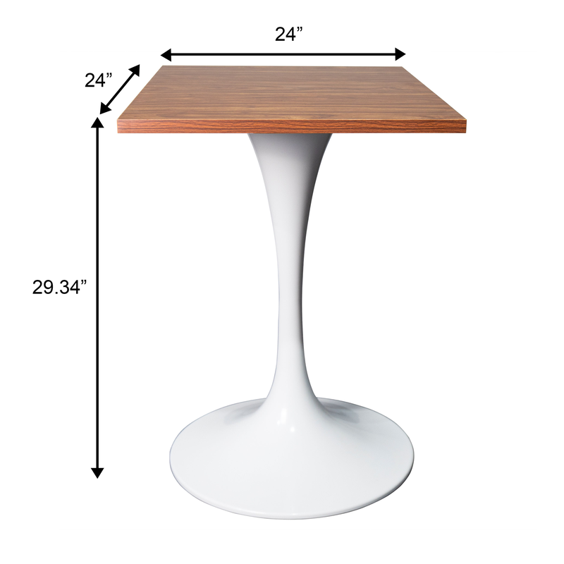 LeisureMod Verve Collection 24 Square Dining Table, White Base with Dark Maple MDF Top Dimensions.